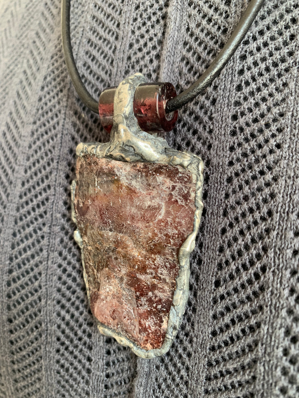One of a Kind Strawberry Quartz Patinated Brutalist Pendant on Leather Adjustable Slip-tie Necklace