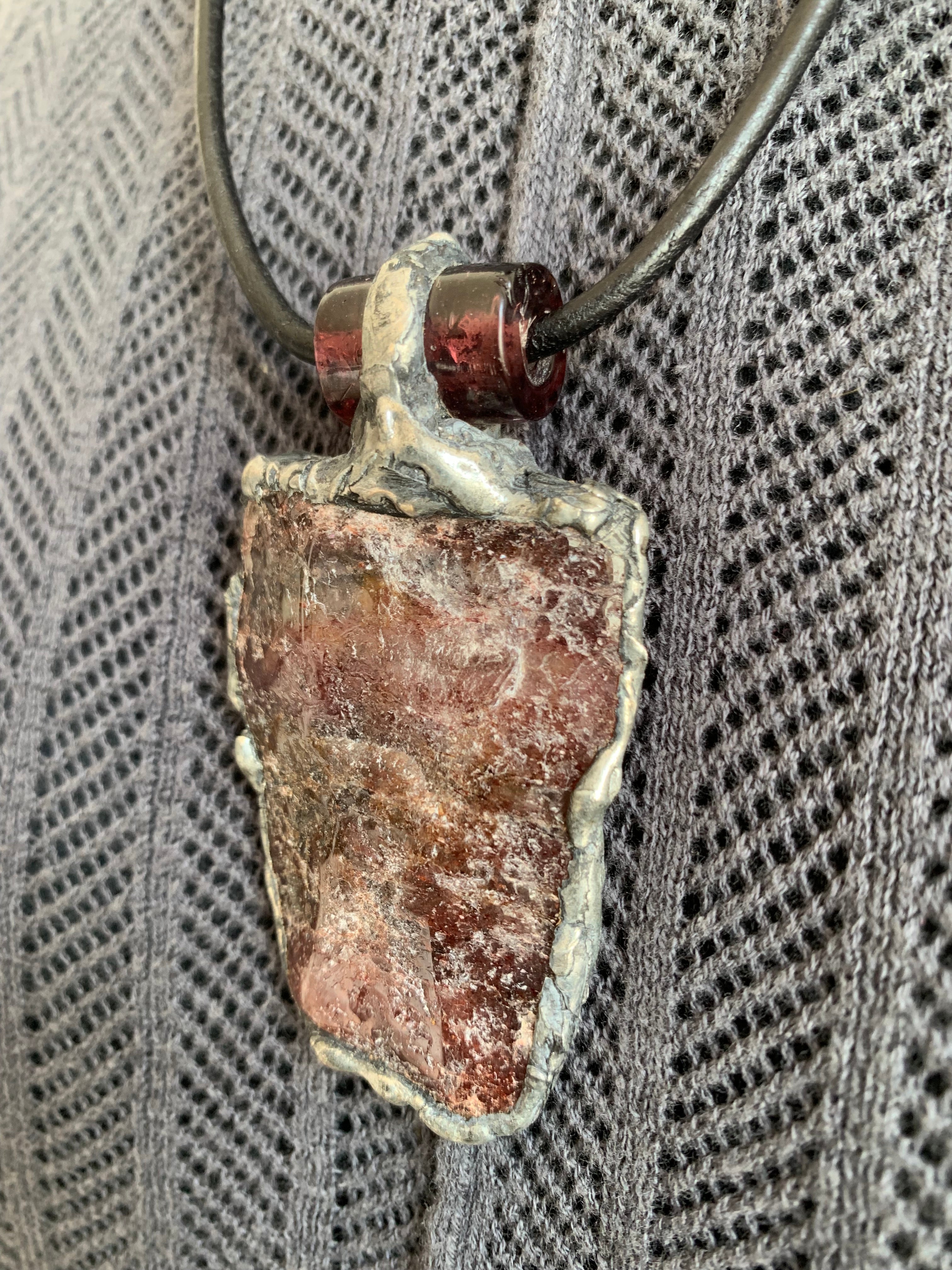 One of a Kind Strawberry Quartz Patinated Brutalist Pendant on Leather Adjustable Slip-tie Necklace