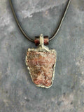 One of a Kind Strawberry Quartz Patinated Brutalist Pendant on Leather Adjustable Slip-tie Necklace